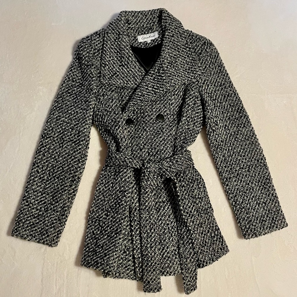 Calvin Klein Black and White wool tweed pea coat
